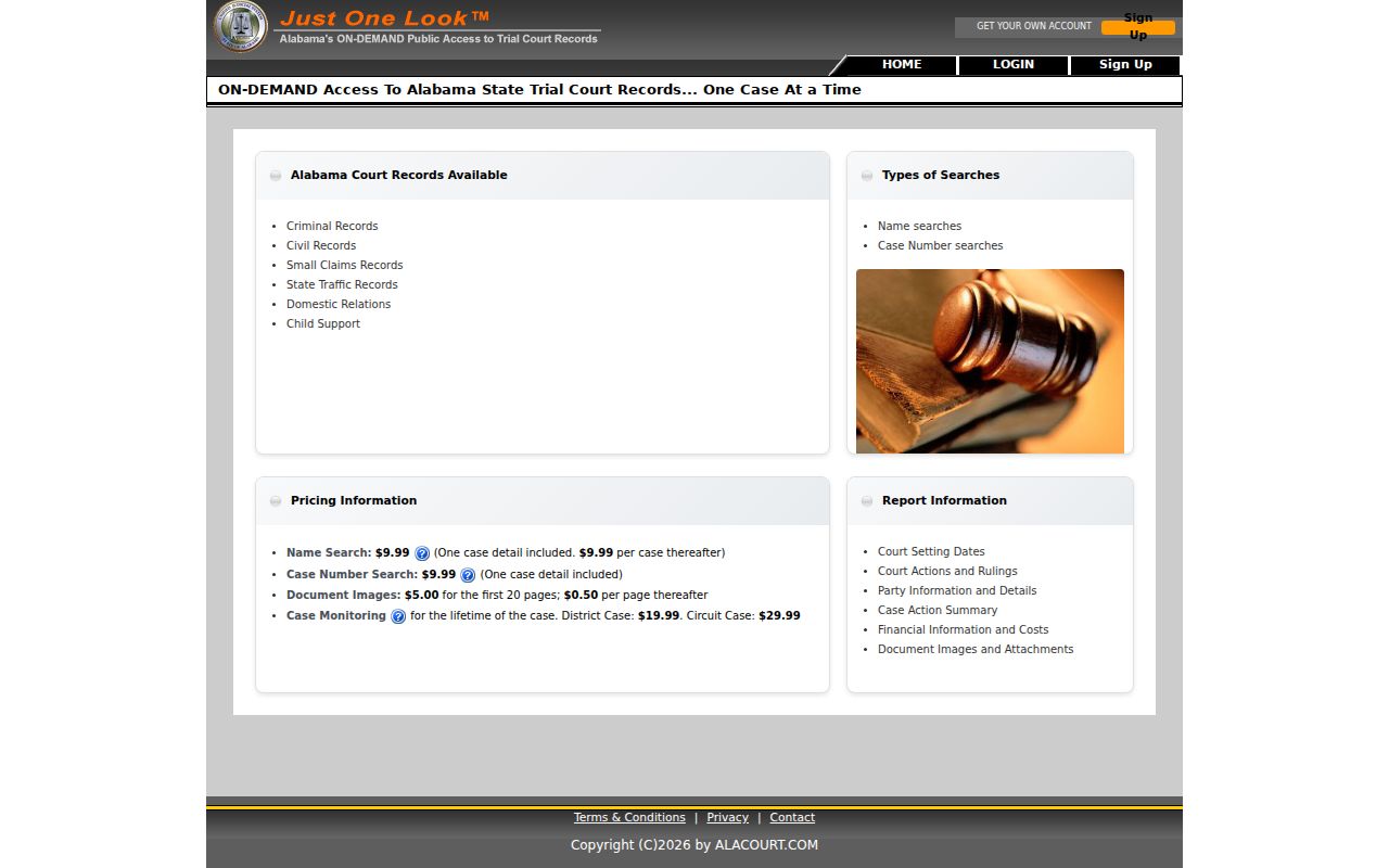 Sumter County criminal court case search pricing on AlacourtACCESS