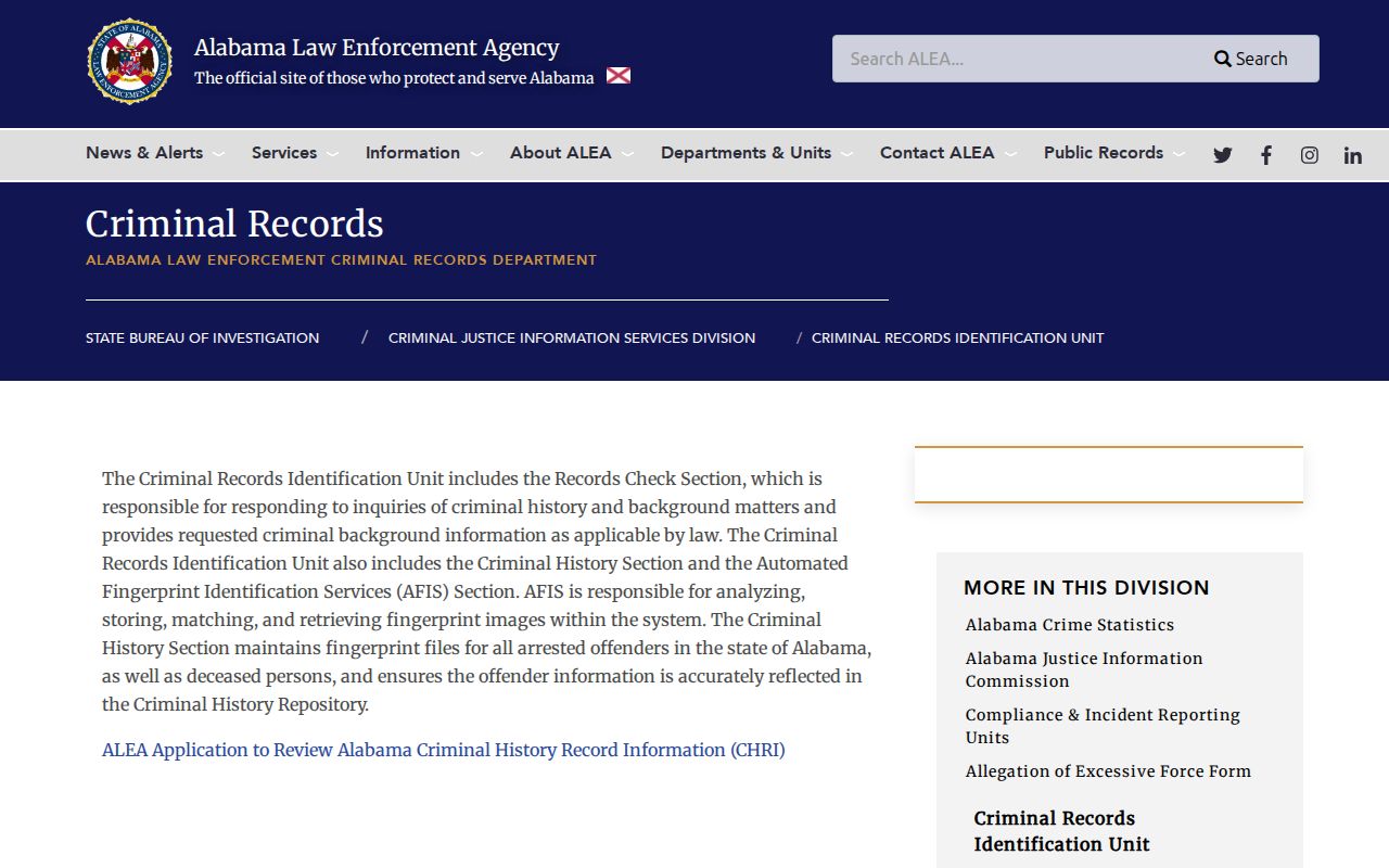 ALEA Criminal Records unit for Sumter County criminal record review