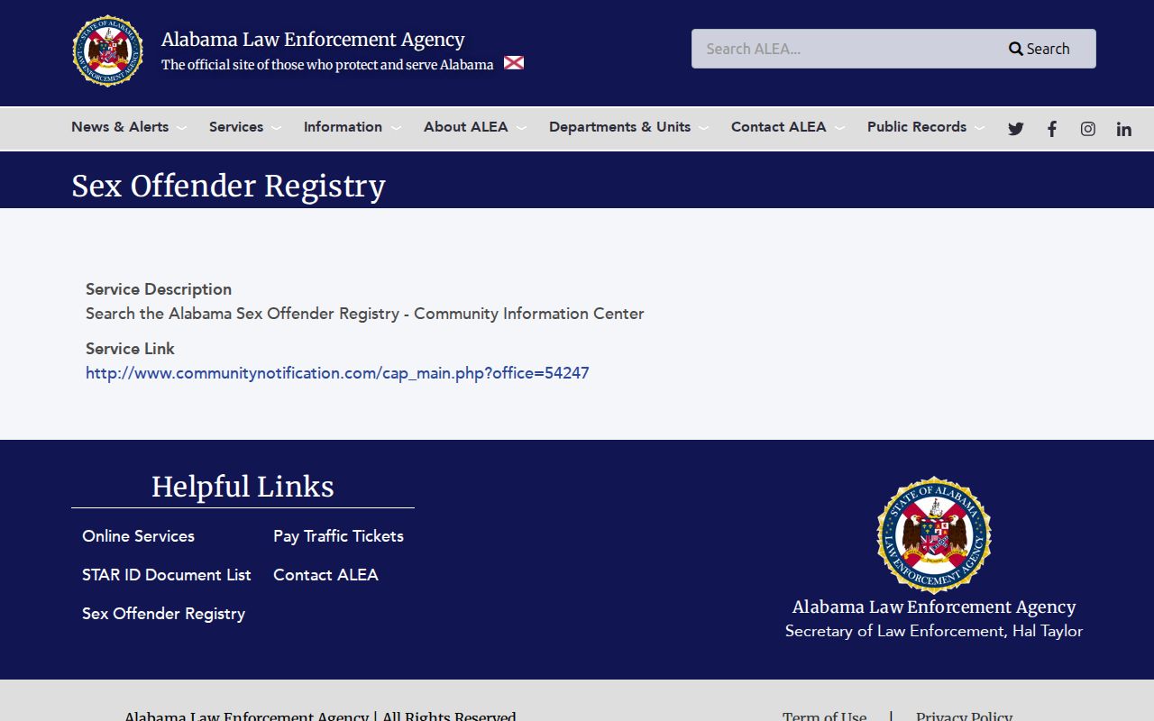 ALEA service link for a Sumter County sex offender check
